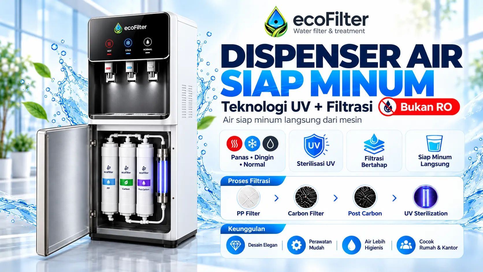 Dispenser air siap minum EcoFilter dengan teknologi UV dan filtrasi